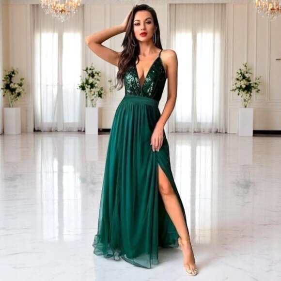 🆕 Emerald Green Sequin V-Neck Backless High Slit Evening Cocktail Dress | S - Picture 1 of 10